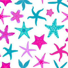 Fototapeta na wymiar Sea stars seamless pattern. Marine and nautical backgrounds with starfishes. Starfish underwater invertebrate animal. Vector illustration