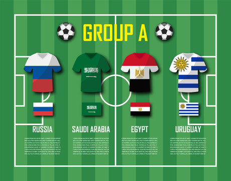 Soccer cup 2018 team group A . Football players with jersey uniform and national flags . Vector for international world championship tournament
