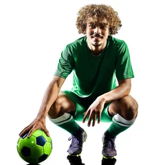 Keuken spatwand met foto one mixed race young teenager soccer player man playing  in silhouette isolated on white background © snaptitude