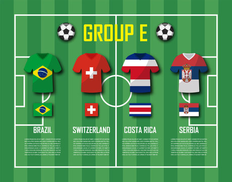 Soccer cup 2018 team group E . Football players with jersey uniform and national flags . Vector for international world championship tournament