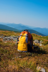 Yellow children's backpack stands on top