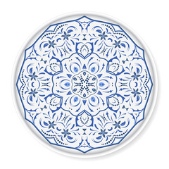 Decorative plate with a circular blue pattern, top view. White background. Vector illustration. - 196178517
