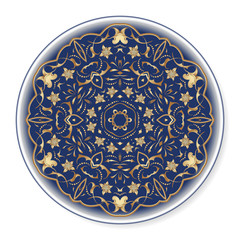 Blue decorative plate with rich gold pattern, top view. Circular ornament with arabesques. Vector illustration in Arabic style.