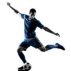Fototapeta premium one caucasian soccer player man playing kicking in silhouette isolated on white background