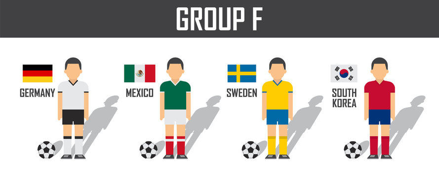 Soccer cup 2018 team group F . Football players with jersey uniform and national flags . Vector for international world championship tournament
