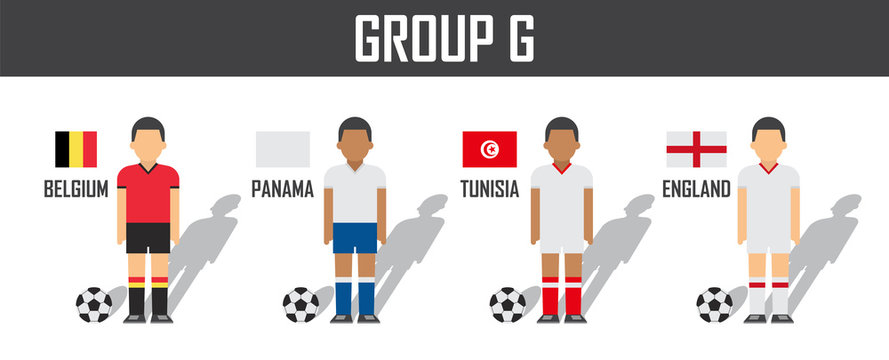 Soccer cup 2018 team group G . Football players with jersey uniform and national flags . Vector for international world championship tournament