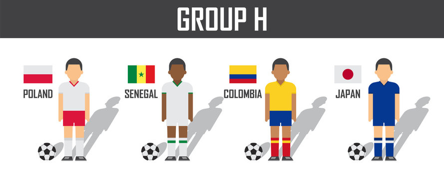 Soccer 2018 team group H . Football players with jersey uniform and national flags . Vector for international world championship tournament