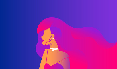 Gradient modern design for website banner or promo landpage of beauty hair salon. Sensual woman wearing long gradient hairstyle on blue and purple background