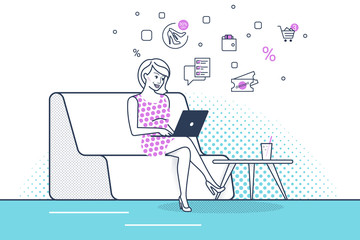 Young woman sitting at home working with laptop and using ecommerce app. Concept line vector illustration of online shopping with e-commerce icons wallet, sale, discount and cart on white background