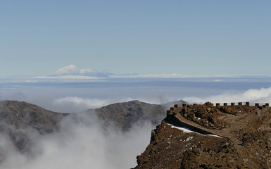 Landscape in clouds in the Caldera de Taburiente National Park at Roque de los Muchachos
