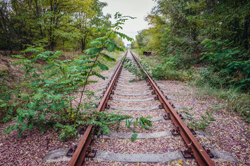railway track near Chernobyl Nuclear Power Plant in Zone of Alienation, Ukraine