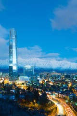 Skyline of  Financial district in Providencia with Los Andes Mountains in the back, Santiago de Chile