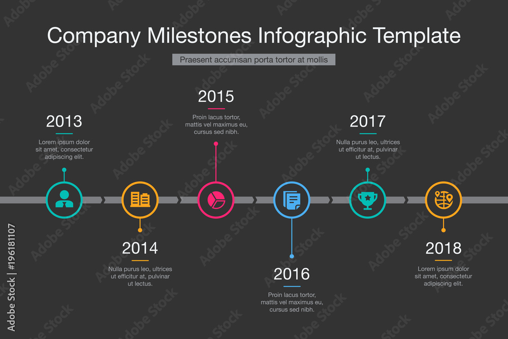Poster vector infographic for company milestones timeline template with colorful circles isolated on dark b