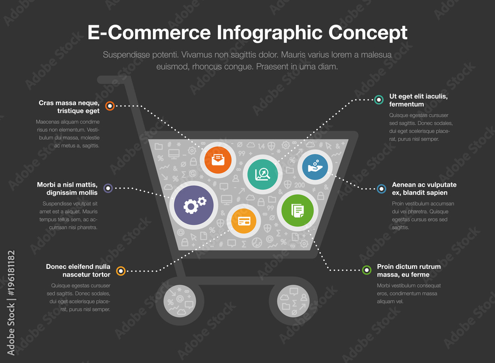 Fototapete E-Commerce infographic concept with shopping cart symbol filled with small icons isolated on dark background. Easy to use for your website or presentation.