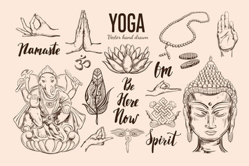 Yoga set. Vector Isolated hand drawn objects. Spiritual Symbols of Buddhism, Hinduism. Tattoo design , yoga logo, boho print, poster. Inspirational calligraphy, lettering