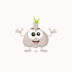 Illustration of cute decisive garlic mascot isolated on light background. Flat design style for your mascot branding.