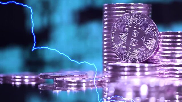 Blockchain technology, bitcoins mining concept with lightnings. Cryptocurrency Bitcoin, BTC, power consumption concept