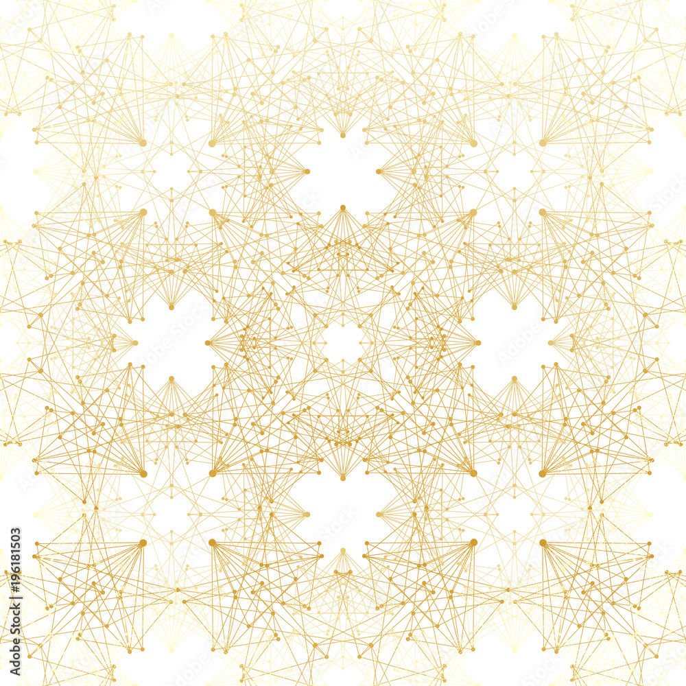 Poster Geometric abstract background. Connected line and dots. Linear golden grid with circles in nodes. Reticulated gold monochrome texture, illustration