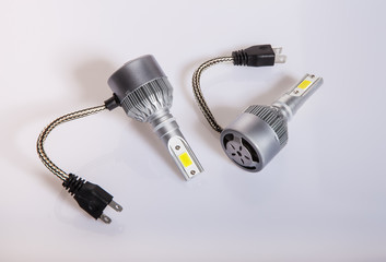 LED bulb for car headlights on white background in studio