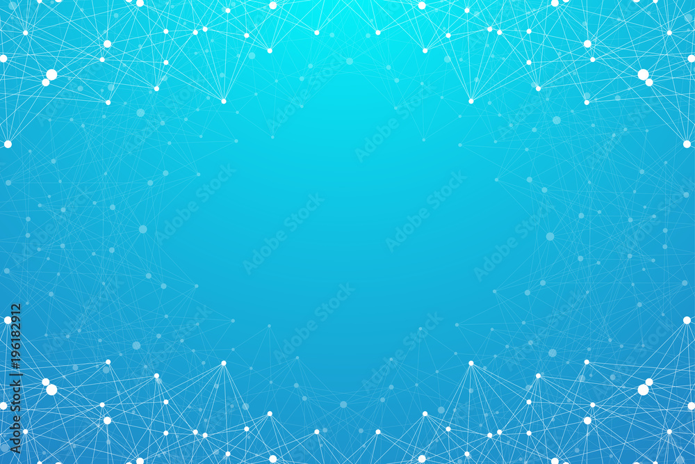 Poster Graphic abstract background communication. Geometric scientific pattern with compounds. Minimal array lines and dots. Lines plexus. Digital data visualization. Scientific illustration.