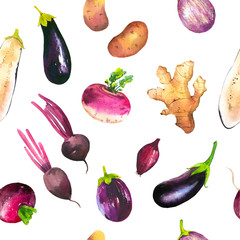 Watercolor illustration with composition of farm grown illustrations. Seamless pattern on white background. Vegetables set: potatoes, beets, eggplant, turnips, ginger root, onion. Fresh organic food.