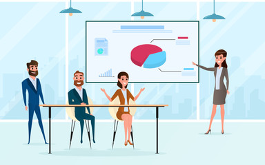 Business team brainstorm, talking, discussing in meeting room. Presentation of the project and plan market.