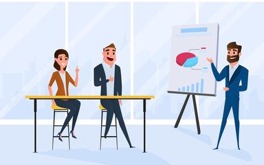 Fototapeta premium Business team brainstorm, talking, discussing in meeting room. Presentation of the project and plan market.