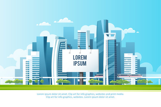 A big city billboard for placing your advertising against the backdrop of a cityscape with skyscrapers, subway and trees. Vector illustration.