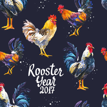 Seamless pattern with domestic bird in different poses. Sketch style. Realistic watercolor illustration of multicolor rooster on black background. 2017 Chinese New Year of the Cock.