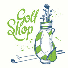 Golf bag. Vector set of hand-drawn sports equipment. Illustration in sketch style on white background. Brush calligraphy elements for your design. Handwritten ink lettering.