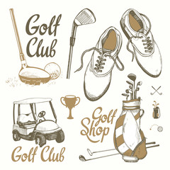 Golf set with basket, shoes, car, putter, ball, gloves, bag. Vector set of hand-drawn sports equipment. Illustration in sketch style on white background. Handwritten ink lettering.