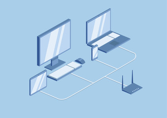 wifi router technology, the local network. Desktop, laptop and mobile gadgets are connected to the network using a router. Isometric vector illustration, isolated on blue background.