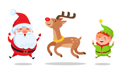 Santa and Elf Cartoon Characters Jumping High Icon