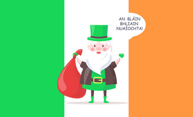 Irish Santa Claus in Tall Hat Greets with New Year