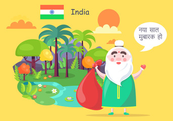 Fototapeta premium Indian Santa Claus Greets with Happy New Year