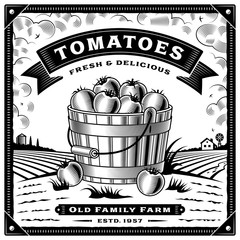 Retro tomato harvest label with landscape black and white. Editable vector illustration with clipping mask.