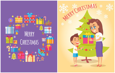 Merry Christmas Poster Boxes Symbols Mother Son