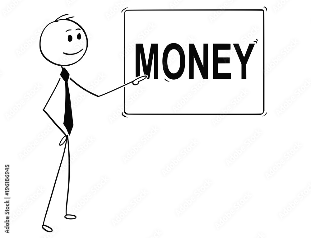 Canvas Prints Cartoon stick man drawing conceptual illustration of businessman pointing at sign with money text.