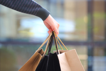 Closeup of woman holding shopping bags with standing at the department store