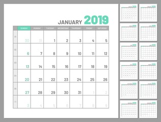 Set identical planners, 2019, January separately, flat, template. Menology for notes, scheduling, marks of important dates and events. Vector illustration of planners collection