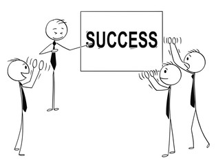 Cartoon stick man drawing conceptual illustration of group of business people applauding to speaker pointing at success sign. Business concept of individuality and teamwork.