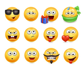 Smileys vector set. Smiley faces with facial expressions. Happy, evil, confused