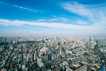 Naklejka na ściany i meble View of downtown cityscape and sky tree in tokyo, Japan.