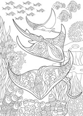 Coloring page for adult colouring book. Underwater background with stingray shoal, tropical fishes and ocean plants. Antistress freehand sketch drawing with doodle and zentangle elements.