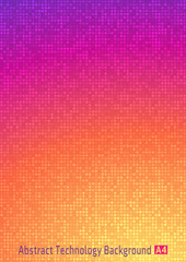 Abstract colorful vector technology circle pixel digital gradient background with  violet, red, orange, yellow colors. Business bright pattern backdrop with round pixels in A4 paper size. Vector