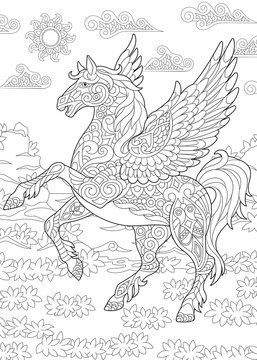 Coloring page for adult colouring book. Pegasus - Greek mythological winged horse flying. Antistress freehand sketch drawing with doodle and zentangle elements.