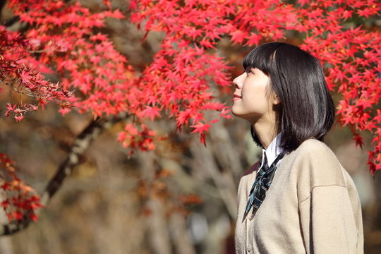 紅葉バックの学生