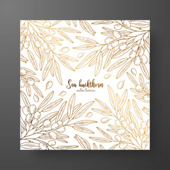 Cold card template with berries. Great design for natural and organic products. Designed to create package of health and beauty natural products. Engraving illustration of golden sea buckthorn.