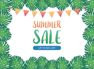 Summer sale background banner, Festival bunting ribbons hanging on the green exotic palm leaves and tropical plants, summer sale concept. Vector illustration