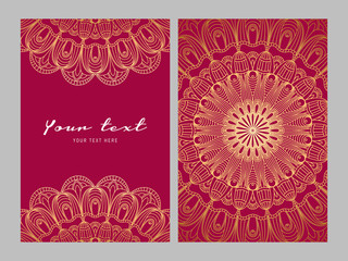 Greeting card golden ethnic patterns on red background